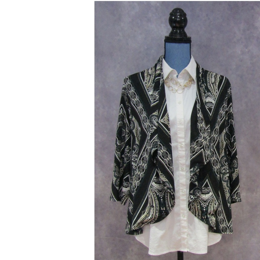 Chico's Travelers Black Green White Gold Cardigan